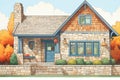 tight shot of stone wall with wood trim details in craftsman house, magazine style illustration