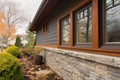 tight shot of stone wall with wood trim details in craftsman house