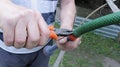 Tightening the clamp on the garden hose with pliers