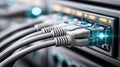Tightly bundled network cables plugged into server rack Royalty Free Stock Photo