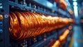 Coiled copper wire in industrial electrical panel with blurred background Royalty Free Stock Photo