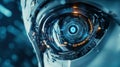 A tightly framed shot of a smart robots eye camera scanning documents and extracting information showcasing AIs role in