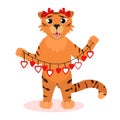 Vector illustration of a tiger with a garland with hearts in his hands. The theme of love and celebration of Valentine`s day. Royalty Free Stock Photo