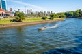 Tigre, Argentina - February 21, 2023: resting people in boats on the river in the city of Tigris