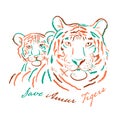 Tigress with cub. Tigers family for your design. Save the Tigers. Royalty Free Stock Photo