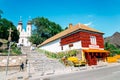 Tihany Abbey Benedictine monastery and Red hot spicy chilli peppers paprika store in Tihany, Hungary