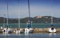 Tihany Abbey benedictine monastery view with sailing boats at Lake Balaton Royalty Free Stock Photo