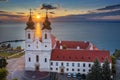 Tihany, Hungary - Aerial drone view of the famous Benedictine Monastery of Tihany Tihany Abbey with beautiful rising sun