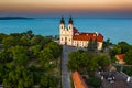 Tihany, Hungary - Aerial panoramic view of Benedictine Monastery of Tihany Tihany Abbey, Tihanyi Apatsag with golden sky