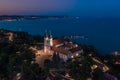 Tihany, Hungary - Aerial panoramic view of the illuminated Benedictine Monastery of Tihany Tihany Abbey with Lake Balaton Royalty Free Stock Photo