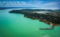 Tihany, Hungary - Aerial panoramic view of Lake Balaton with the Benedictine Monastery