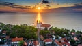 Tihany, Hungary - Aerial skyline view of the famous Benedictine Monastery of Tihany Tihany Abbey with colourful sky Royalty Free Stock Photo