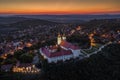 Tihany, Hungary - Aerial view of the illuminated Benedictine Monastery of Tihany Tihany Abbey, Tihanyi Apatsag at sunset