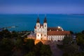 Tihany, Hungary - Aerial view of the illuminated Benedictine Monastery of Tihany Tihany Abbey, Tihanyi Apatsag