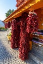 TIHANY, HUNGARY - 25.05. 2018: Dried paprika on the house of wall in Tihany.