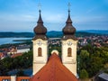 Tihany, Hungary - The two clock towers of the famous Benedictine Monastery of Tihany Tihany Abbey Royalty Free Stock Photo