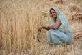 Indian woman cutting wheat with sickle.