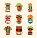 Tiki african face wooden sculpture isolated on white background, set icons