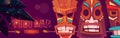 Tiki bar cartoon web banner with tribal masks