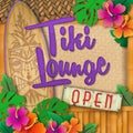 Tiki Bar Lounge Cocktails Open Sign Surfboard Royalty Free Stock Photo