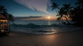 Tiki on the beach at sunset with palms