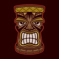 Tiki hawaiian tribal wooden head vector illustration in colorful cartoon style isolated on dark background