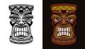 Tiki hawaiian tribal wooden head vector illustration in two styles black on white and colorful on dark background