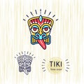 Tiki icons colorful design Tiki mask head. Thin line art Polynesian symbol