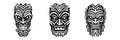 Tiki idols. Tribal polynesian mask, hawaiian wooden totem. Aztec style retro tattoo, African voodoo scary god design