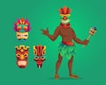 Tiki man with torch and masks, wooden totems set