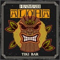 Tiki mask hawaiian wooden tribal idol vector colored decorative illustration in vintage style with text and grunge Royalty Free Stock Photo