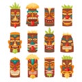 Tiki mask tribal set. Hawaiian totem or african maya aztec wooden idol isolated on white background. Ethnic ritual heads