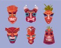 Tiki masks, hawaiian tribal totem of god faces