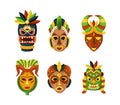 Tiki masks set. Multicolored Mexican Indian or African ethnic mask decorated tribal design elements Royalty Free Stock Photo