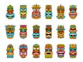 Tiki masks. Tribal hawaii totem african traditional wooden symbols vector colored mask illustrations