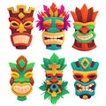 Tiki masks, tribal wooden totems in hawaiian style