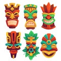 Tiki masks, tribal wooden totems in hawaiian style