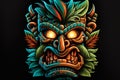 Tiki masks and wooden totems showcases the traditional Hawaiian and Polynesian art style white background