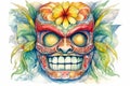 Tiki masks and wooden totems showcases the traditional Hawaiian and Polynesian art style white background