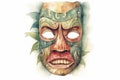 Tiki masks and wooden totems showcases the traditional Hawaiian and Polynesian art style white background