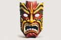 Tiki masks and wooden totems showcases the traditional Hawaiian and Polynesian art style white background