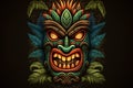 Tiki masks and wooden totems showcases the traditional Hawaiian and Polynesian art style white background