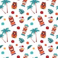 Tiki pattern. Hawaiian and Polynesian tropical masks. Summer vacation seamless background. Tribal totems and palms Royalty Free Stock Photo