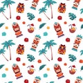 Tiki pattern. Hawaiian and Polynesian tropical masks. Summer vacation seamless background. Tribal totems and palms. Exotic flowers Royalty Free Stock Photo