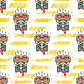 Tiki pattern Polynesian tikis on a trendy striped background, colorful yellow backdrop