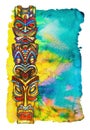 Tiki statues painted in watercolor on watercolor background in the form of tropical vegetation