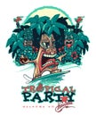 Tiki the surfer. Banner for Tiki party. A tropical party Royalty Free Stock Photo