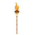 Tiki torch with bamboo stick with flame in cartoon style isolated on white background. Hawaiian decoration, island symbol. Vintage
