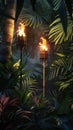 Tiki torches illuminating tropical jungle at dusk Royalty Free Stock Photo