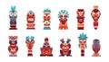 Tiki totem. Cartoon Hawaiian and African tribal statue. Maya and Aztec scary god face collection. Traditional indigenous Royalty Free Stock Photo